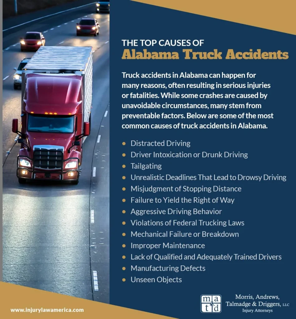 Alabama truck accident infographic showing a semi-truck on the highway, listing common causes like distracted driving and driver fatigue