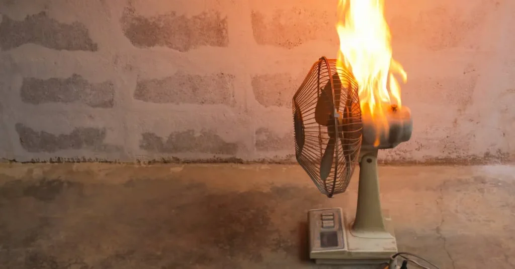 Electric fan catching fire, illustrating the danger of a defective product