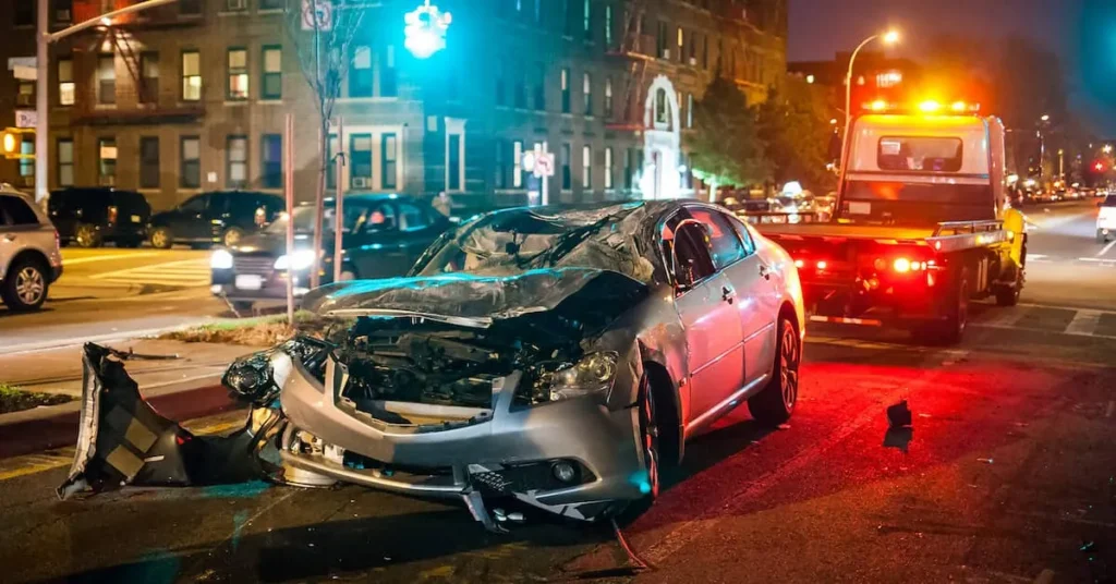 Dothan car accident lawyer page image showing a severely damaged vehicle on a city street