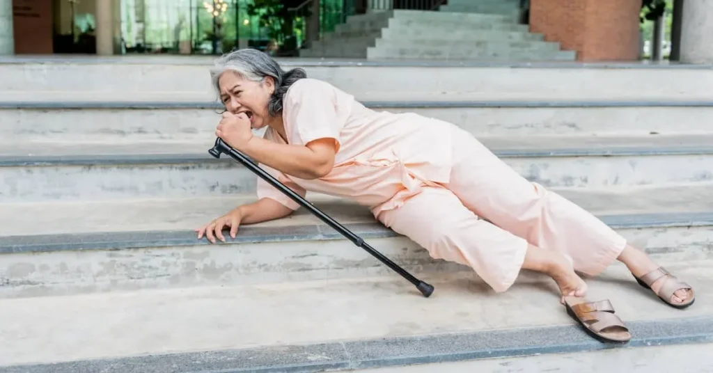Slip and fall lawyer page image showing an elderly woman who fell on outdoor stairs