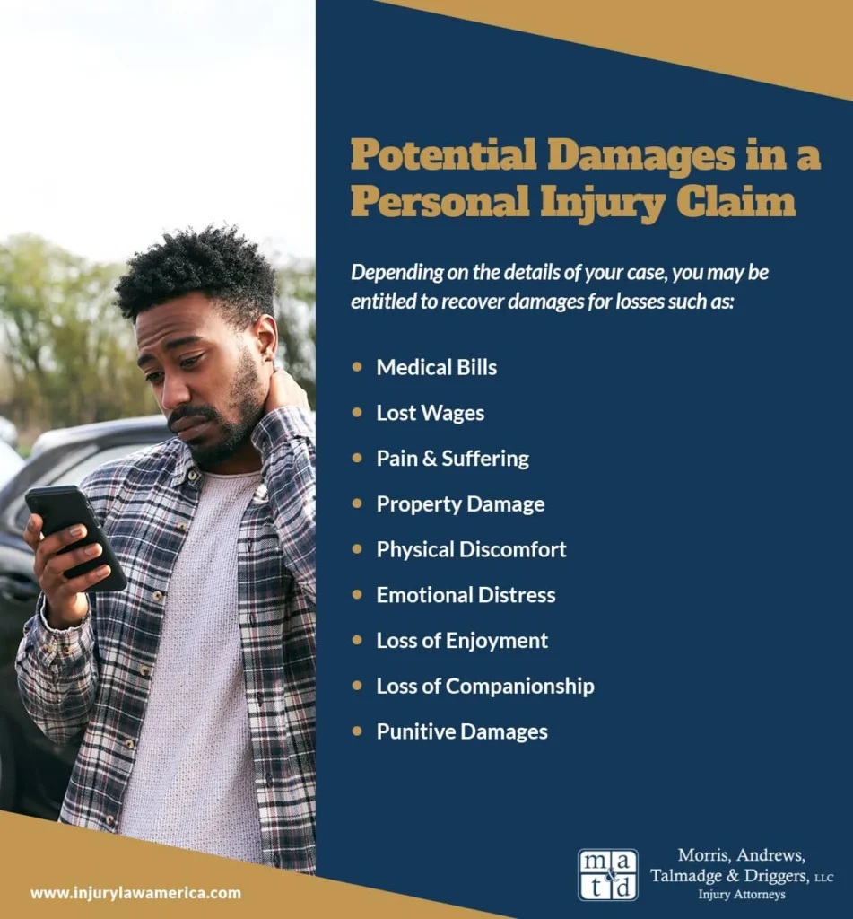 Potential Damages in a Mobile AL Personal Injury Claim. Depending on the details of your case, you may be entitles to recover damages for losses such as: medical bills, lost wages, pain & suffering, property damage, physical discomfort, emotional distress, loss of emjoyment, loss of companionship, punitive damages. Morris, Andrews, Talmadge & Driggers, LLC. Injury Attorneys